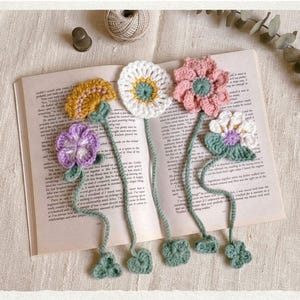 5 Crochet Pressed-Flower Bookmarks | Beginner-Friendly | PDF Download | Daisy Tulip Lily Cherry Blossom | Book Lovers
