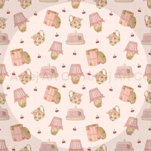 Grandmacore Cottagecore seamless pattern |  cookie jar cherry pattern | pastel pink | Hand drawn | digital download | 3600 x 3600px 300dpi