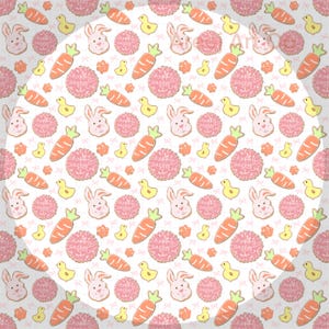 May include: A repeating pattern featuring Easter-themed illustrations. The design includes orange carrots, yellow ducklings, pink bunny faces, and pink circular cookies with the text "Happy Easter". The background is white with small pink bows.