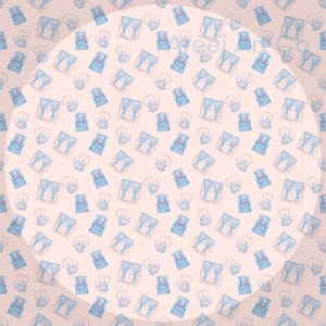 May include: A repeating pattern of hand-drawn illustrations featuring blue curtains, chairs, and teapots on a light pink background. The design has a whimsical, vintage aesthetic, with a grid-like overlay.