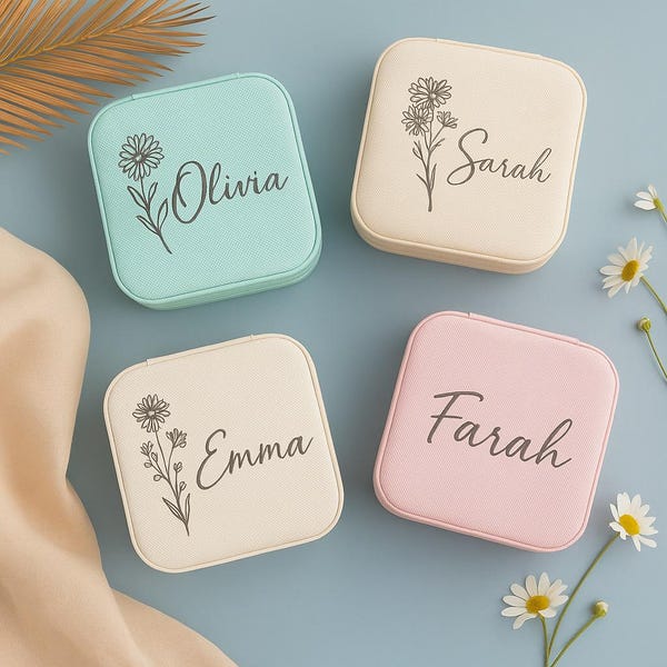 Personalisierte Name Schmuckschatulle, kundenspezifische Brautjungfern Geschenke, gravierte Gastgeschenke, Reise Schmuckschatulle, Hochzeitsandenken, Quinceaño Party