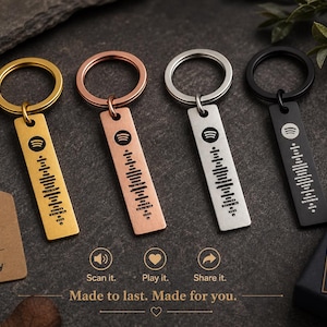 May include: Four rectangular metal keychains in gold, rose gold, silver, and black finishes. Each features a circular ring and a laser-engraved Spotify sound wave code. A brown tag reads: YOUR SONG. YOUR CODE. YOUR STORY. Spotify. Scan it. Play it. Share it.