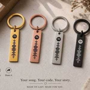 May include: Four metal keychains in gold, rose gold, silver, and black, each with a Spotify code and ring. The text "Your song. Your code. Your story." is below the keychains. The keychains are rectangular with rounded edges.