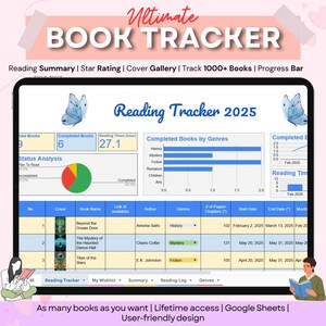 May include: Digital book tracker with a user-friendly design. The spreadsheet displays reading summaries, star ratings, and a cover gallery. The tracker includes a progress bar and tracks over 1000 books. The text "Ultimate Book Tracker" is at the top.