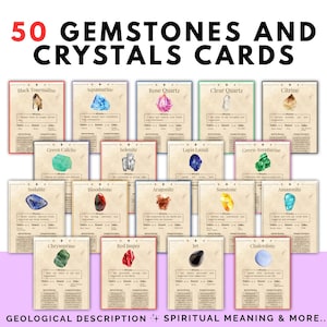 Puede incluir: Un conjunto de 50 tarjetas de piedras preciosas y cristales. Cada tarjeta presenta una piedra preciosa diferente, su nombre, una ilustración y texto que detalla su descripción geológica y significado espiritual. Las tarjetas están dispuestas sobre una superficie blanca.