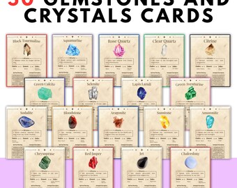 Puede incluir: Un conjunto de 50 tarjetas de piedras preciosas y cristales. Cada tarjeta presenta una piedra preciosa diferente, su nombre, una ilustración y texto que detalla su descripción geológica y significado espiritual. Las tarjetas están dispuestas sobre una superficie blanca.