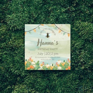 Convite de aniversário de abelha para crianças – Convite editável para impressão – Festa temática de abelha – Convite floral de jardim de verão – Download instantâneo