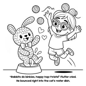 Pu&ograve; includere: Illustrazione in bianco e nero di un coniglio e una bambina che giocano con gomitoli di lana. Il coniglio indossa un papillon ed &egrave; in piedi in una ciotola d'acqua. La bambina salta e prende gomitoli di lana. Testo: "I conigli fanno binkies, hop-twists felici!" Fluffer grid&ograve;. Rimbalz&ograve; nella ciotola dell'acqua del gatto.