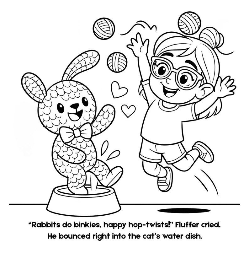 Pu&ograve; includere: Illustrazione in bianco e nero di un coniglio e una bambina che giocano con gomitoli di lana. Il coniglio indossa un papillon ed &egrave; in piedi in una ciotola d'acqua. La bambina salta e prende gomitoli di lana. Testo: "I conigli fanno binkies, hop-twists felici!" Fluffer grid&ograve;. Rimbalz&ograve; nella ciotola dell'acqua del gatto.
