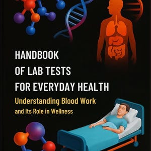 Peut inclure: Couverture de livre intitulée "Handbook of Lab Tests for Everyday Health" avec des illustrations de molécules, de brins d'ADN et d'une silhouette humaine. Une personne est allongée dans un lit d'hôpital. Le sous-titre du livre est "Understanding Blood Work and Its Role in Wellness."
