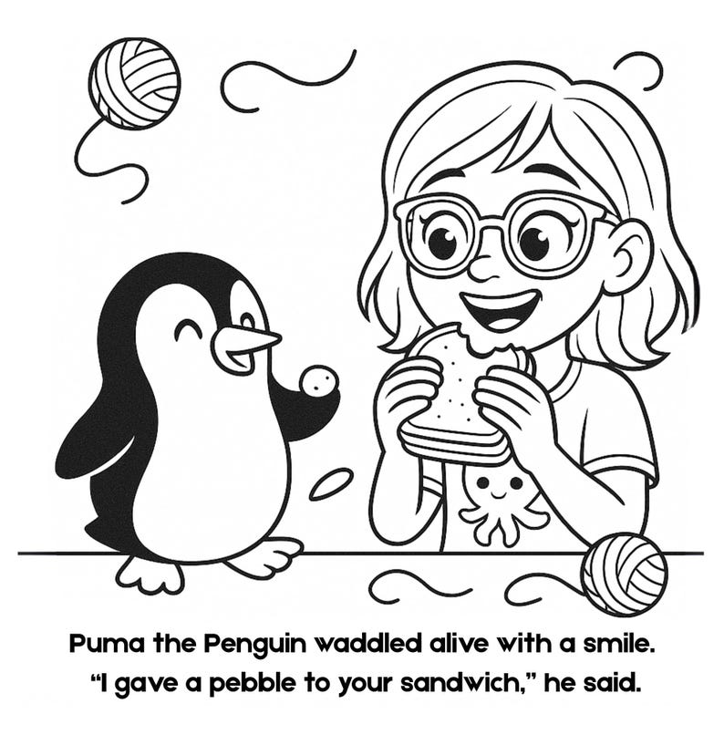 Pu&ograve; includere: Illustrazione in bianco e nero di una ragazza sorridente con gli occhiali, che mangia un panino, e un pinguino che tiene un sasso. Il testo recita: "Puma il pinguino camminava con un sorriso. 'Ho dato un sasso al tuo panino,' disse."