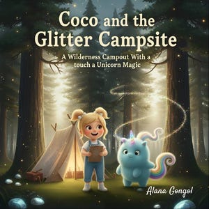 May include: Illustration of a children's book cover titled "Coco and the Glitter Campsite." It depicts a young girl with blonde pigtails and a blue unicorn in a forest setting. The text reads "A Wilderness Campout With a touch a Unicorn Magic."