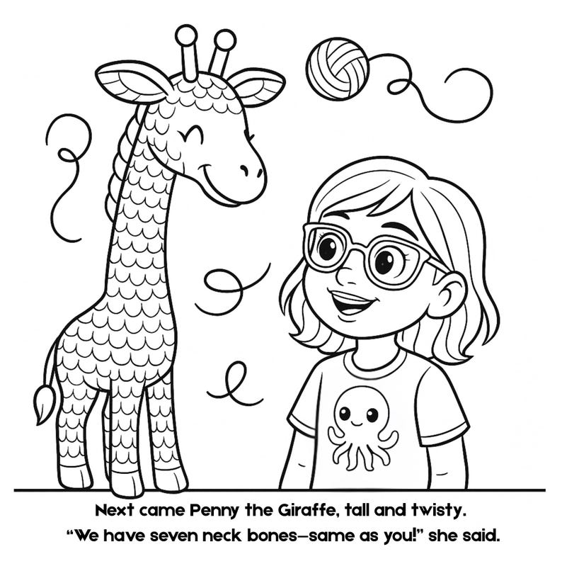 Pu&ograve; includere: Illustrazione in bianco e nero di una giraffa e una ragazza con gli occhiali. La giraffa sorride e la ragazza indossa una maglietta con un disegno di polpo. Il testo recita: "Poi venne Penny la Giraffa, alta e contorta. Abbiamo sette ossa del collo, come te!" disse.