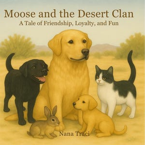 Pode incluir: Capa do livro infantil "Moose and the Desert Clan" com um labrador amarelo, um labrador preto, um filhote amarelo, um gato preto e branco e um coelho marrom. O subtítulo diz "A Tale of Friendship, Loyalty, and Fun."
