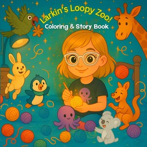 Pu&ograve; includere: Copertina di un libro per bambini intitolata "Larkin's Loopy Zoo! Coloring & Story Book". L'illustrazione presenta una ragazza con gli occhiali circondata da animali dei cartoni animati, tra cui un pappagallo, un coniglio, un pinguino, una giraffa, un canguro, un koala e un polpo. Ci sono gomitoli di lana colorati.