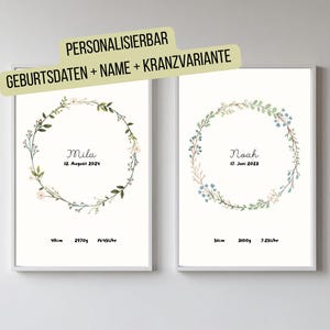 Poster di nascita personalizzato con corona floreale – nome, data di nascita e corona selezionabili – download digitale