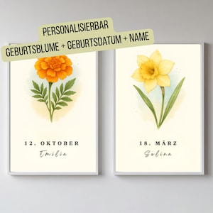 Poster personalizzato con fiori per la nascita | Fiore mensile + Nome + Compleanno | PDF digitale | Regalo di nascita