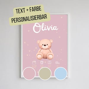 Poster per neonati personalizzato con nome e data di nascita | Illustrazione di un orso | Colore personalizzato | Download PDF digitale dopo la personalizzazione
