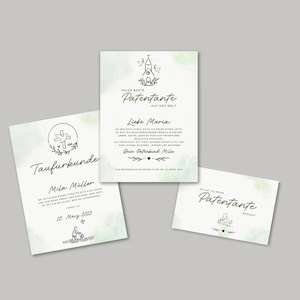 Juego personalizado de tres tarjetas de bautizo para padrinos | Certificado e invitación | Descarga digital tras la personalización
