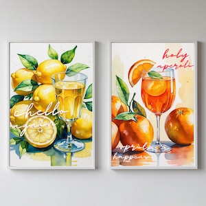 Juego de 2 pósteres de cócteles cítricos: arte de acuarela para cocina y bar | ¡Aperoli y Chello otra vez! | Arte mural imprimible A3