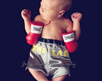 Little Fighter Infant Boxing Trunks - Photo Prop Diaper Cover - Baby Boxer Shorts - Infant Boxer Trunks - Birth Announcement Ideas - Boxing