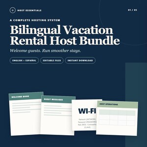 Puede incluir: Un paquete digital para anfitriones de alquiler vacacional con fondo azul oscuro y texto blanco Bilingual Vacation Rental Host Bundle. Incluye plantillas para libro de bienvenida, mensajes a huéspedes, información Wi-Fi y operaciones.