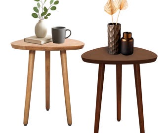 Mid-Century Modern Side Table by Nova Living: Pick-Shape Top, Natural & Walnut, Handcrafted 3-Leg End Table, Nightstand, and Coffee Table