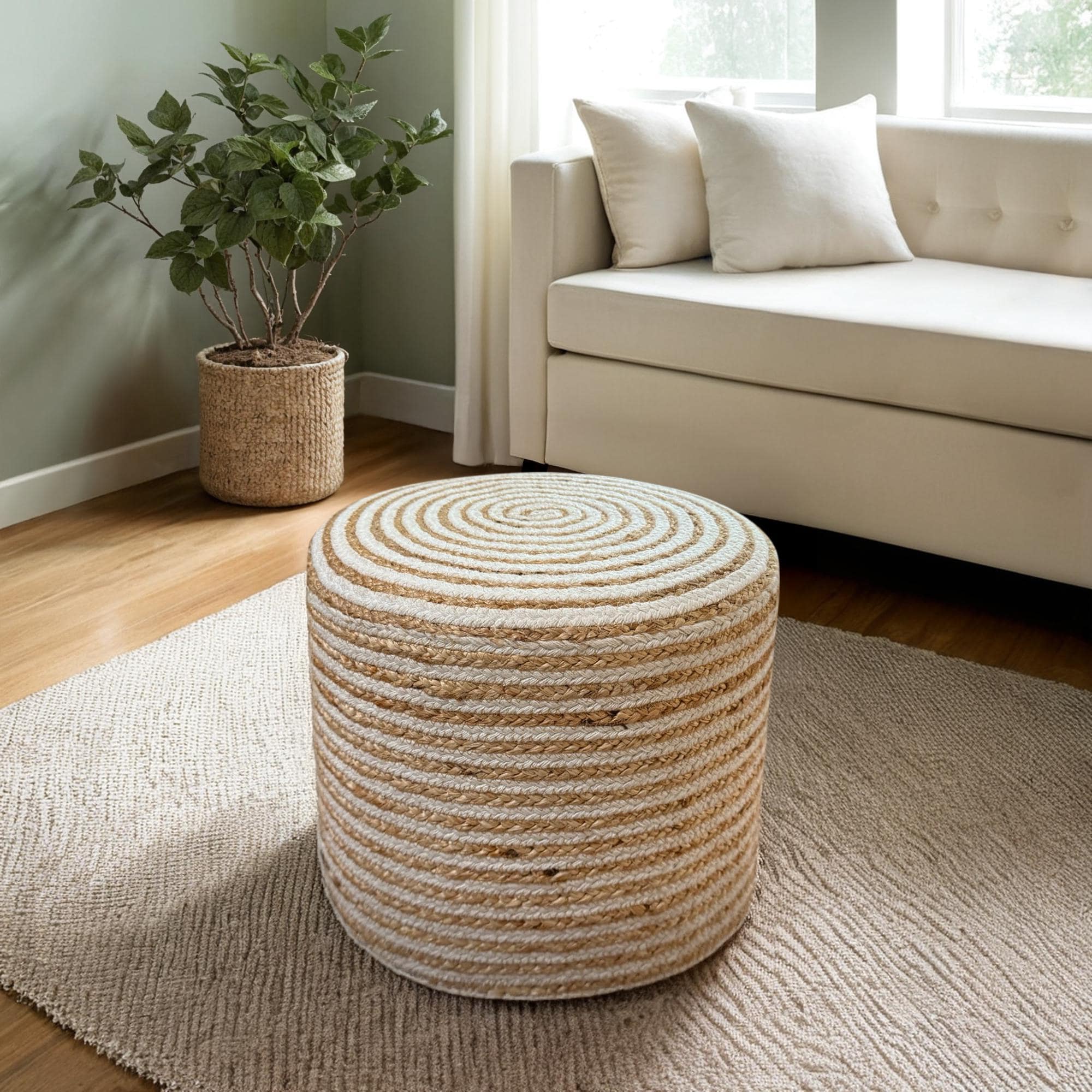Nova Living Noah Braided Pouf – Handwoven Jute & Cotton Ottoman in Natural and White Stripes – Ideal for Indoor or Covered Outdoor Use