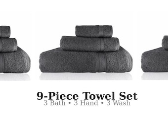 Closeout Sale - Luxury 9-Piece Cotton Towel Set - 100% Cotton, 500 GSM, Ultra-Soft, Absorbent - 3 Bath Towel, 3 Hand Towel, and 3 Wash Towel