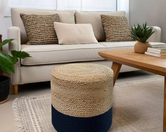 Nova Living Aiden Braided Pouf – Handwoven Jute & Cotton Ottoman in Natural and Navy – Ideal for Indoor or Covered Outdoor Use