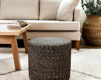 Nova Living Milo Braided Pouf – Handwoven Jute & Cotton Ottoman in Black and Natural – Ideal for Indoor or Covered Outdoor Use