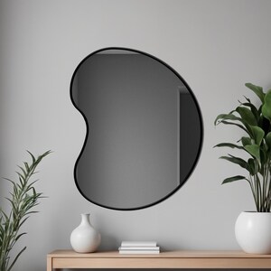 May include: A modern, abstract-shaped mirror with a black frame hangs on a gray wall. The mirror's unique form is complemented by a wooden console table and potted plants, creating a minimalist aesthetic. The mirror reflects the room's interior.