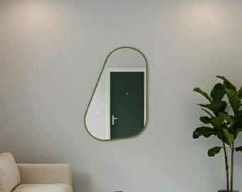 Handcrafted Asymmetrical Mirror – Olive Green Frame, Boho Wall Decor