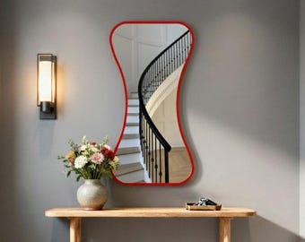 Sculptural Wall Mirror – Handmade Organic Frame, Vibrant Red