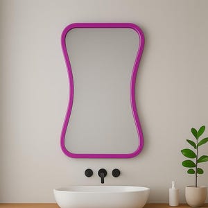 Curved Wall Mirror with Vibrant Magenta Frame – Sculptural Mirror for Modern Bathrooms, Entryways or Vanity Decor | Bold Handmade Accent