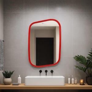 May include: A modern bathroom with a red-framed mirror, a white rectangular sink, and a wooden shelf. The mirror has an irregular shape. A green plant sits on the shelf, and a towel rack is on the wall.