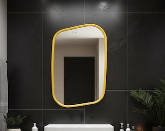 Handmade Asymmetrical Mirror – Gold Yellow Frame, Modern Vanity Decor