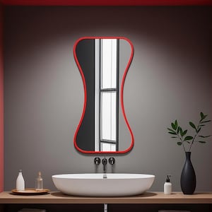 Modern Sculptural Mirror with Bold Red Frame – Organic Shape for Bathroom or Entryway Decor | Wall-Hanging Accent for Artistic Interiors