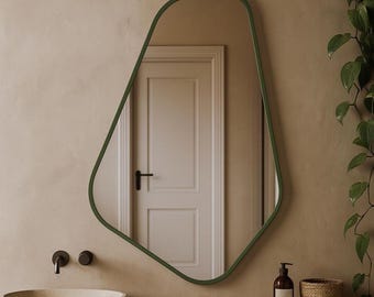Handmade Organic Shape Wall Mirror – Olive Green Wood Frame