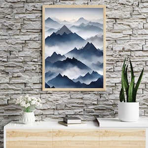 Misty Blue Mountains Art Print, Tranquil Landscape Wall Decor, Ethereal Mountain Scene, Instant Download, blue mountains art,landscape art