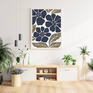 Stampa artistica floreale moderna, decorazione da parete botanica blu navy e marrone, disegno floreale astratto, download immediato, arte floreale moderna, stampa blu navy