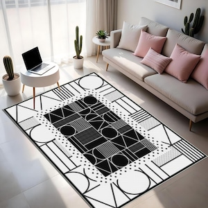 Abstract Geometric Digital Print Rug - Modern Black White Art Rug for Contemporary, Minimalist & Bauhaus Inspired Spaces