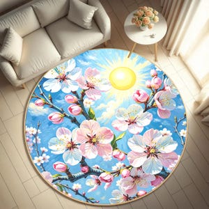 Cherry Blossom Sun Round Carpet - Japanese Style Floral Digital Print Carpet - Spring Nature Art Floor Mat,Carpet