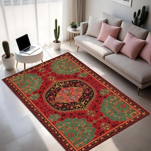 Vintage Persian Style Digital Print Rug | Red Green Oriental Carpet for Living Room | Traditional Pattern Floor Decor rug.