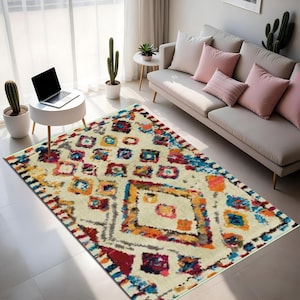 Vibrant Boho Diamond Area Rug -  Digital Print Design for Modern & Bohemian Homes - Unique , Colorful Floor Art Rug