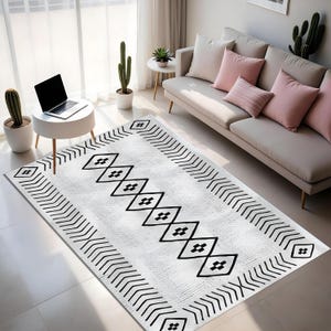 Schwarz-weißer ethnischer Teppich, Teppich mit afrikanischem Stammesmuster, Boho Geometrischer Akzent-Läuferteppich, moderner ethnischer Wohnzimmer-Teppich