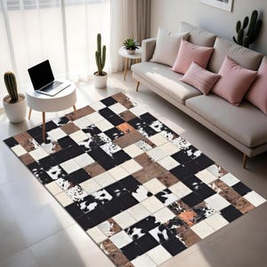 Modern Cowhide Look Digital Print Rug, Black Brown White bamboo Rug with Non-slip backing,Rustic modern Area Rug for Living Room or Bedroom