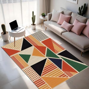 Mid-Century Modern Geometric Rug | Abstract Digital Print Area Rug | Colorful Bauhaus Style Home Decor Rug