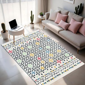 Area Rug with Colorful Icons - Modern Rainbow Geometric Striped Doormat, Bright Multicolor Washable Rug with Red Blue Green Accent