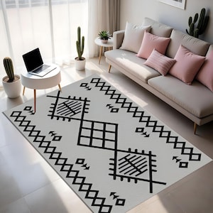 Schwarz-Weißer Ethnic Teppich, Moderner Ethnic Wohnzimmerteppich, Klassischer Gemusterter Teppich, Maschinenwaschbarer Teppich, Dekorativer Teppich
